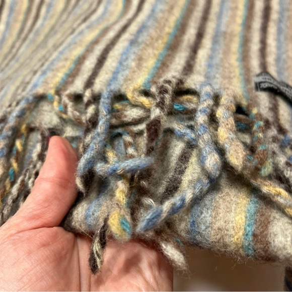 Christina Chiti WOOL shawl SCARF Tan Blue Cream STRIPED SHAWL fringe Wrap 17x65” - Picture 6 of 16